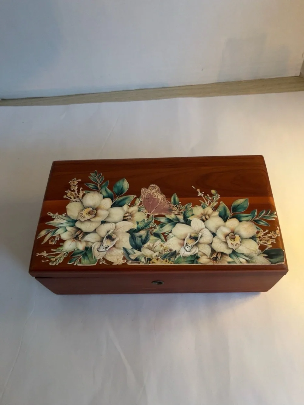 Decorative Wooden Jewelry Box with Floral Inlay - Brown